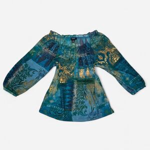 Y2K Chaps Ralph Lauren Blue Green Sheer Blouse Women Bell Sleeve Top size S